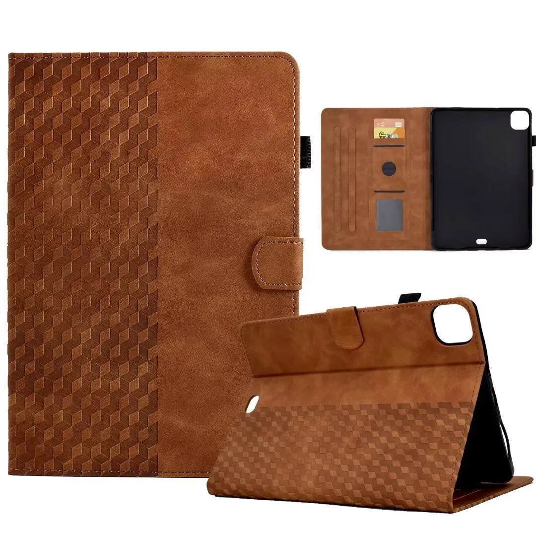 iPad Pro 11 leather case in Diamond Black showing integrated card holder and folded-out viewing bracket.