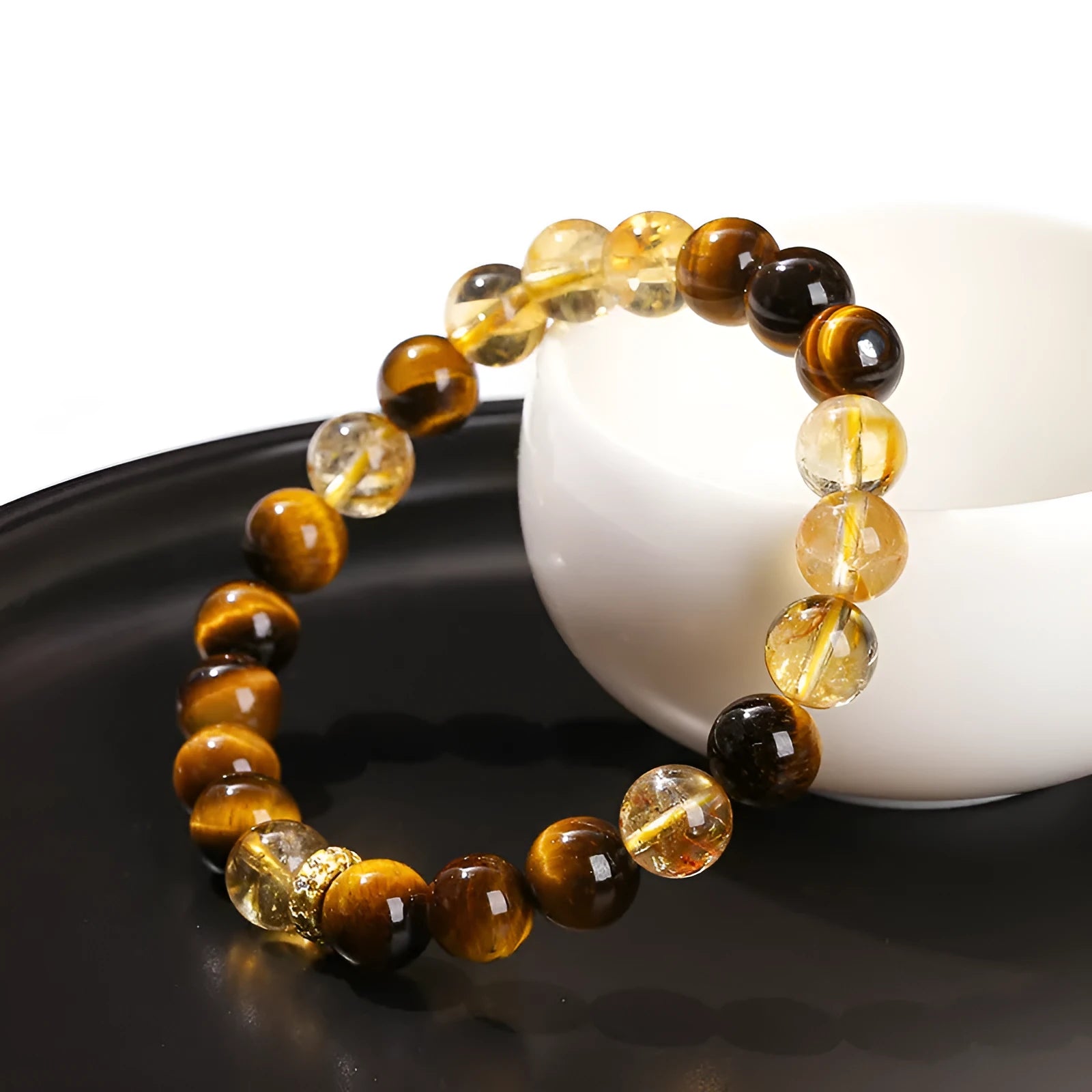 Natural yellow tiger stone and yellow crystal bracelet with 8mm beads and geometric design
