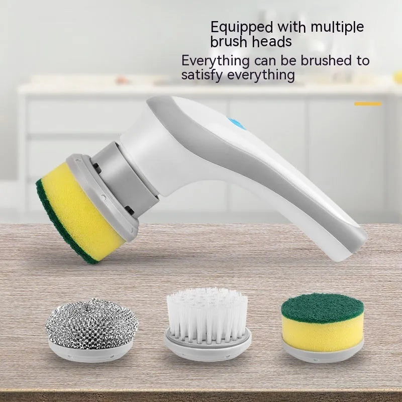 Cordless electric spin scrubber handheld cleaner with four different brush heads on a white background.