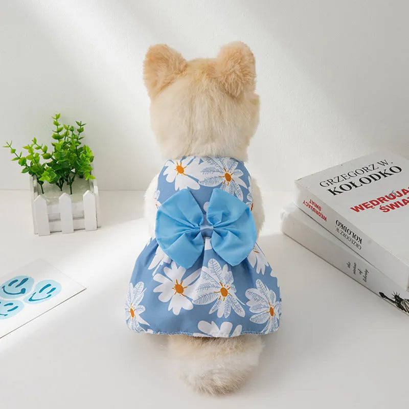 Ultra-thin summer pet dress with floral butterfly knot design for dogs and cats