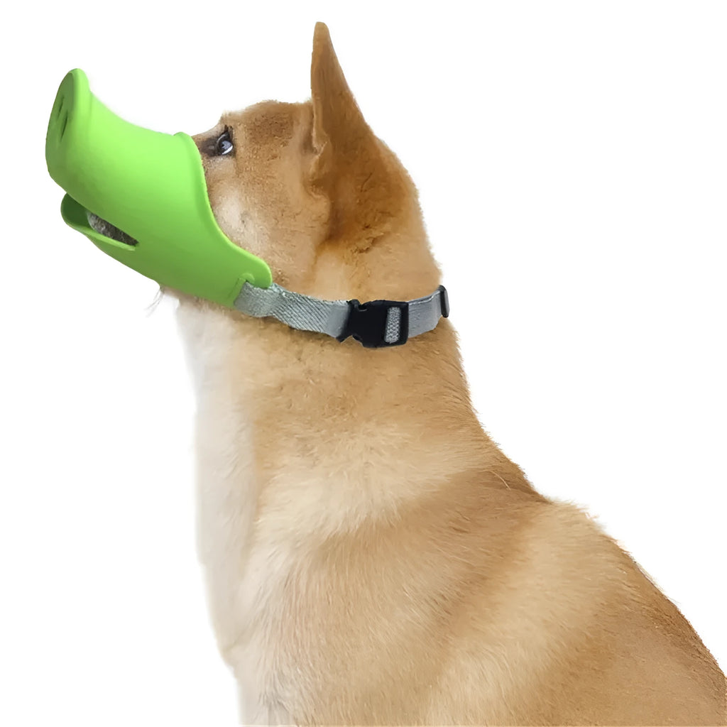 Blue silicone dog anti-bite mouth cover shown on long-mouthed breed with size dimensions displayed