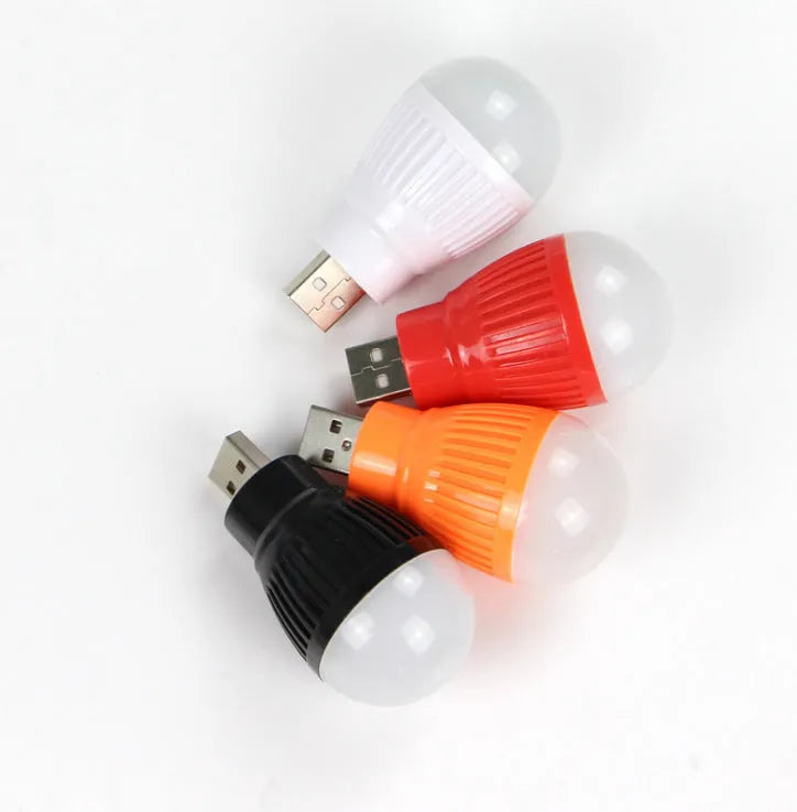 Mini USB night light with ABS plastic shade and metal lamp holder, low power LED, random colour, on desk near laptop
