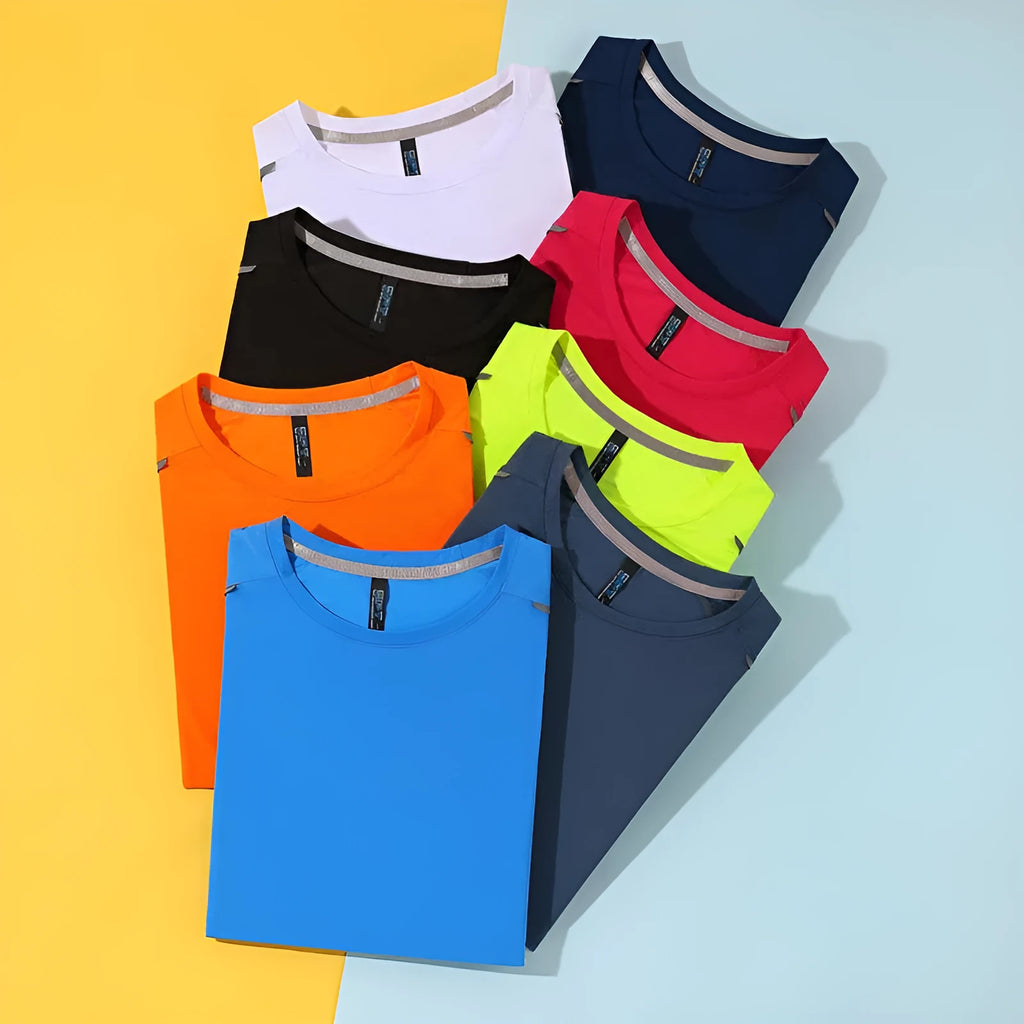 Round neck short sleeve sports T-shirt in spandex polyester fabric on a size chart.