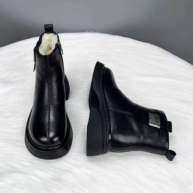 Women's black winter soft leather snow boots with side zipper and round toe