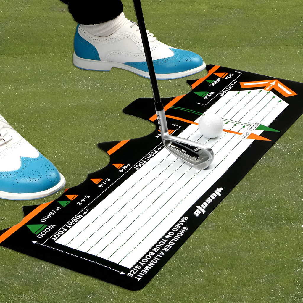 Black neoprene golf swing posture correction mat for stance training and alignment practice