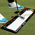 Black neoprene golf swing posture correction mat for stance training and alignment practice