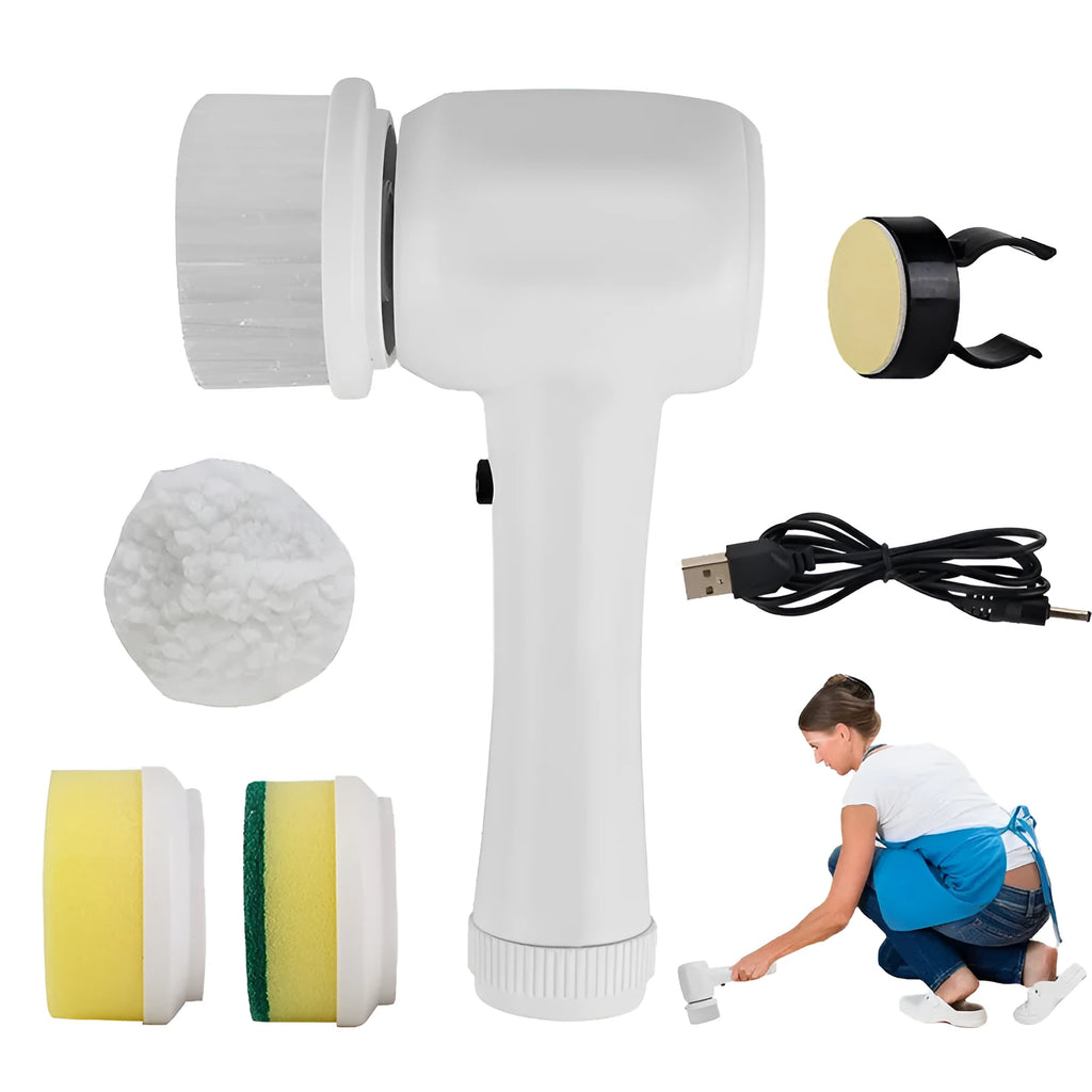 Cordless electric spin scrubber handheld cleaner with four different brush heads on a white background.
