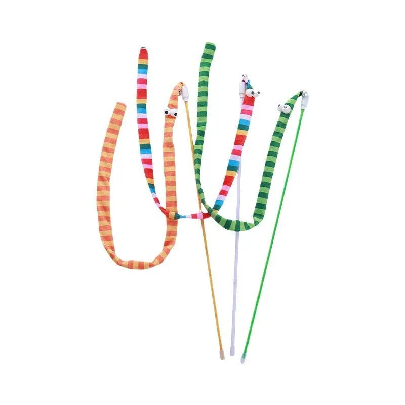 Cat wand teaser toy with polycarbonate handle and long plush strip in multiple colour options