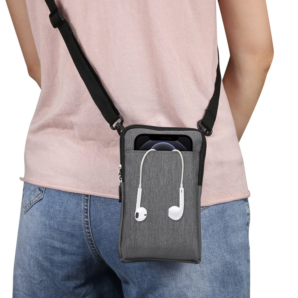 Solid colour waterproof neoprene cross body waist bag shown in available colours: black, rose red, sky blue, dark grey, milky white, orange.