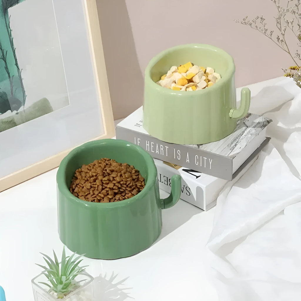Solid green cat bowl with cactus design and anti-slip base