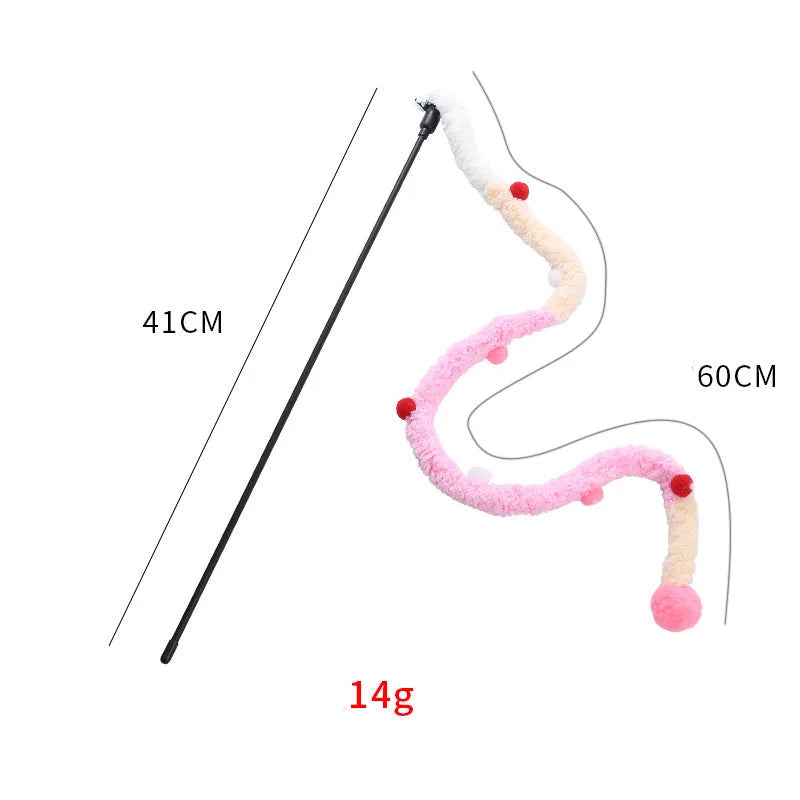 Colourful cat wand toy with long plush strip, fluffy ball, and bells on 41cm pole