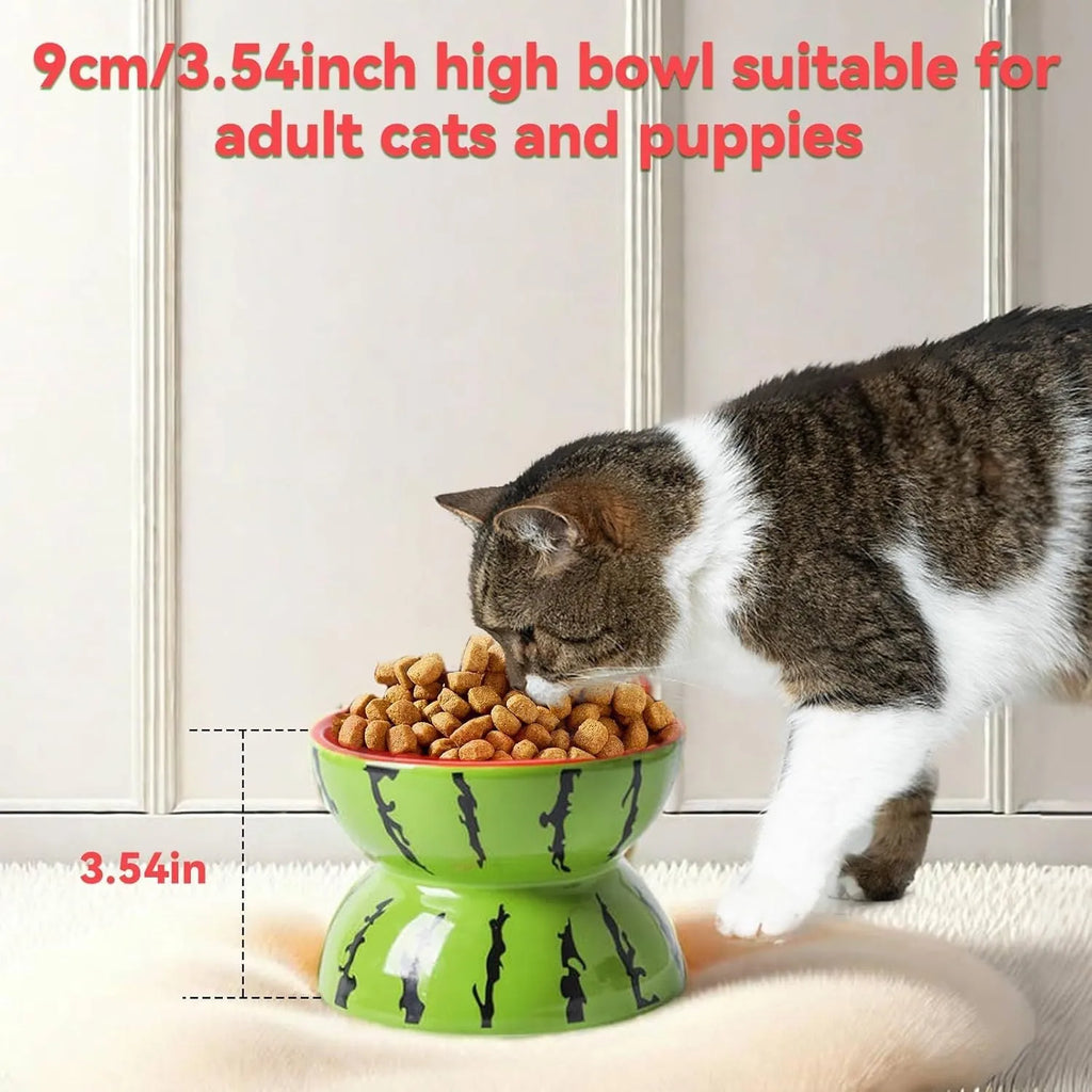 Ceramic raised cat feeding bowl with tilted design in orange colour pattern