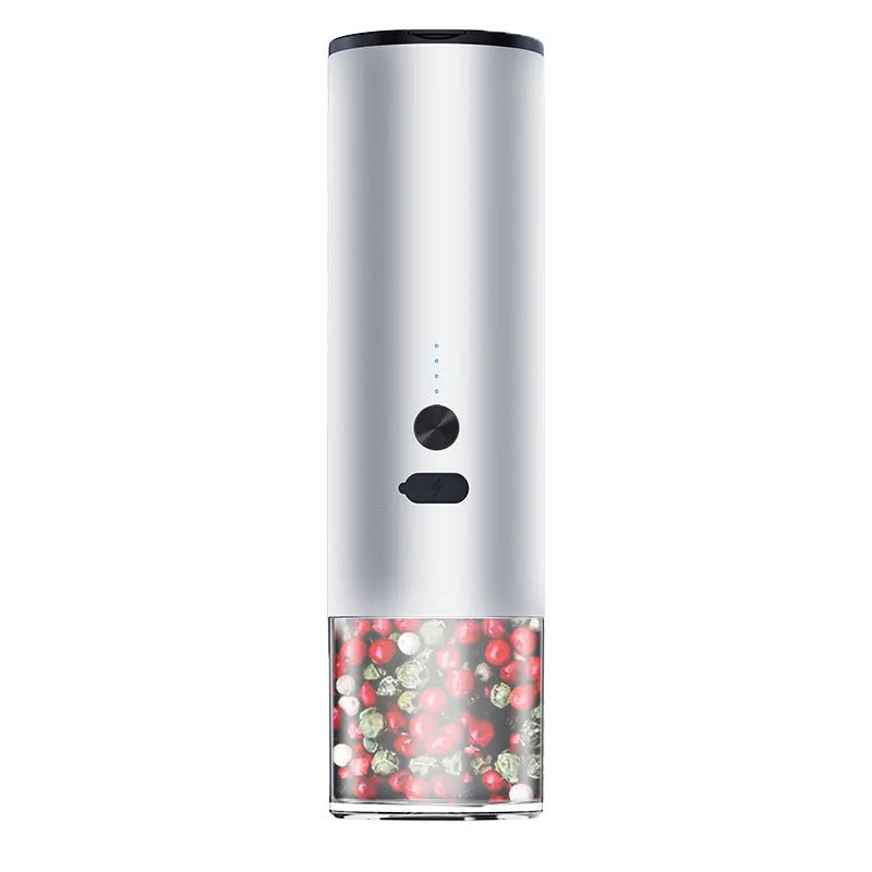 USB rechargeable electric pepper grinder with clear glass jar and LED light