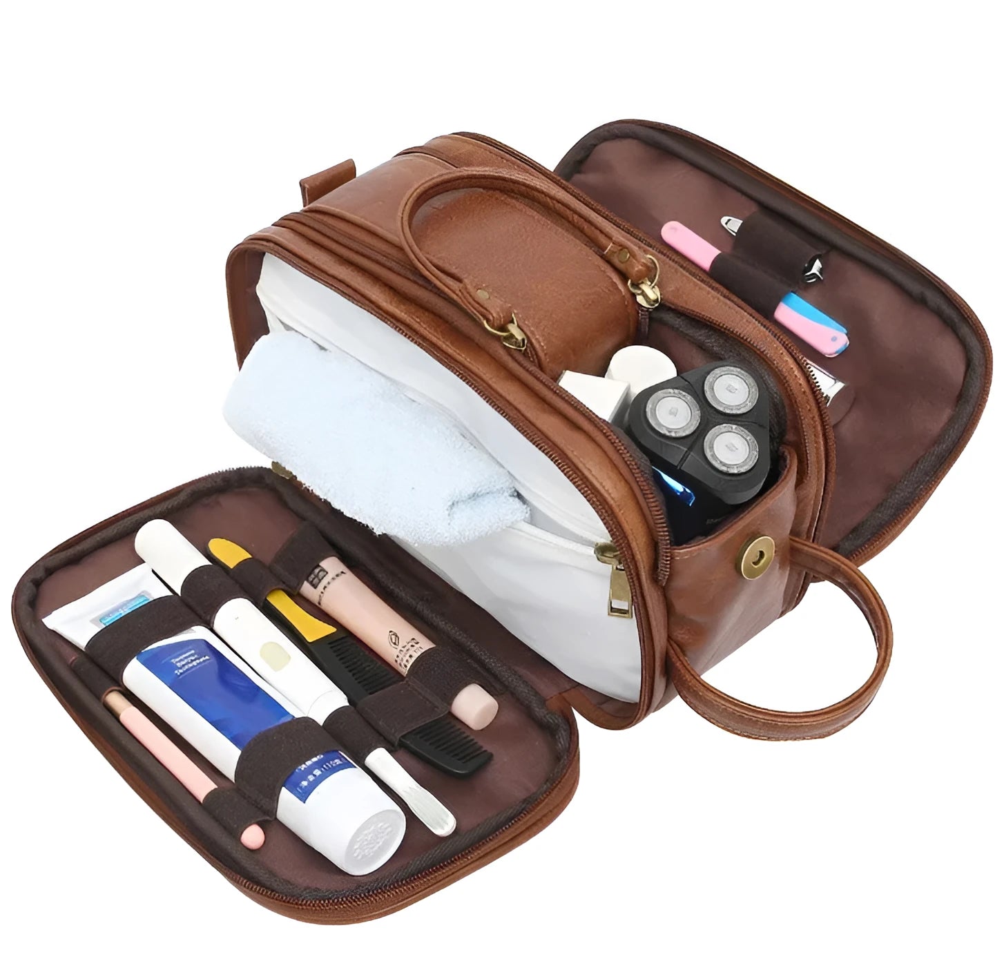 Black solid colour PU men's toiletry bag with zipper closure