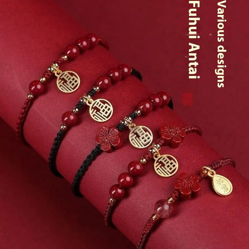 Cinnabar examination luck bracelet with braided rope strap and lucky charm card in choice of colours
