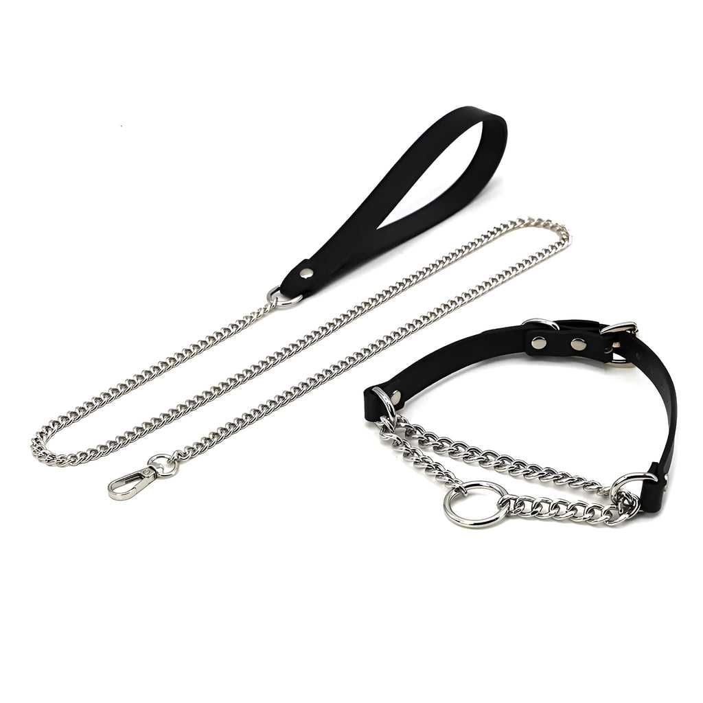 Black cowhide leather bondage collar and matching leash with hand grip rope.