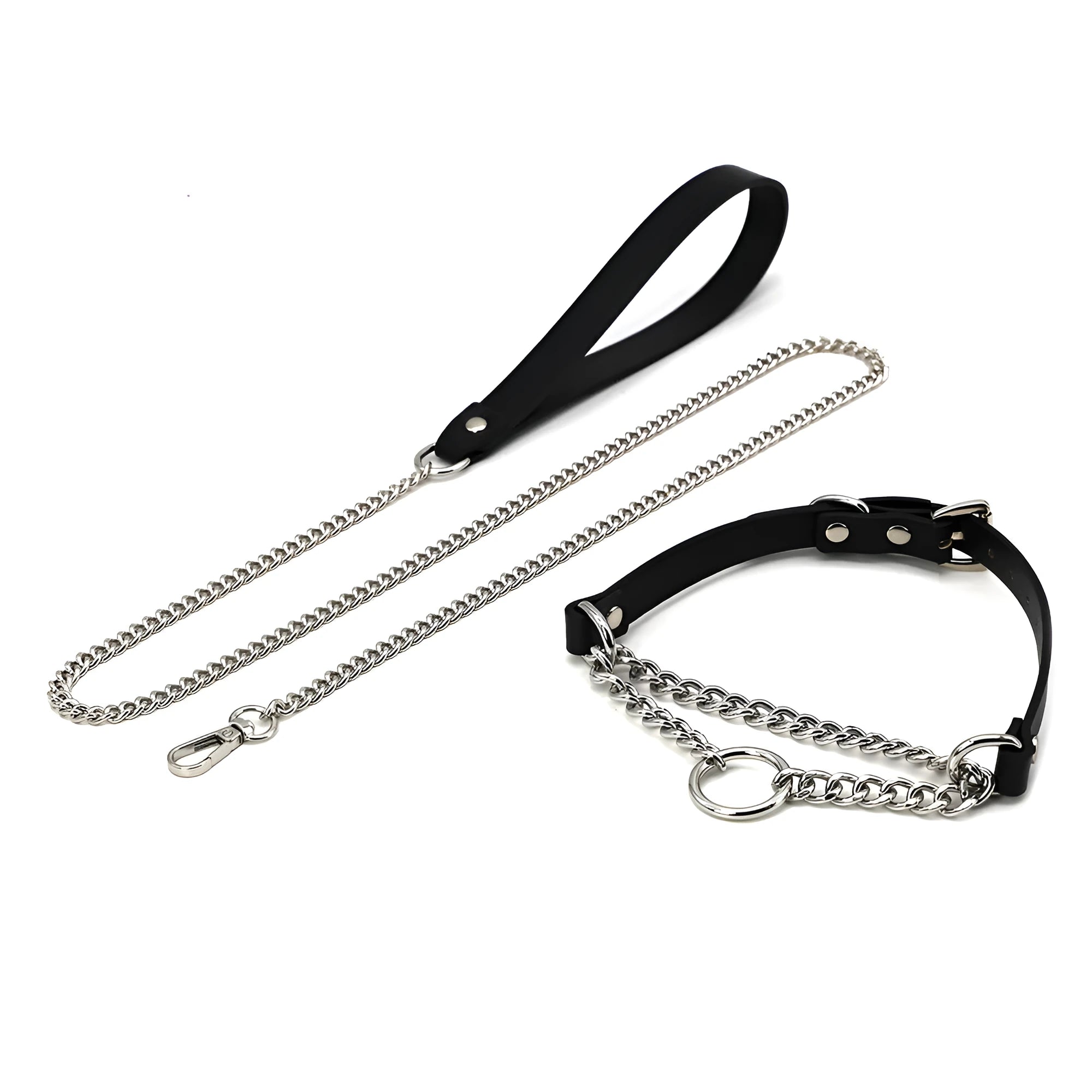 Black cowhide leather bondage collar and matching leash with hand grip rope.
