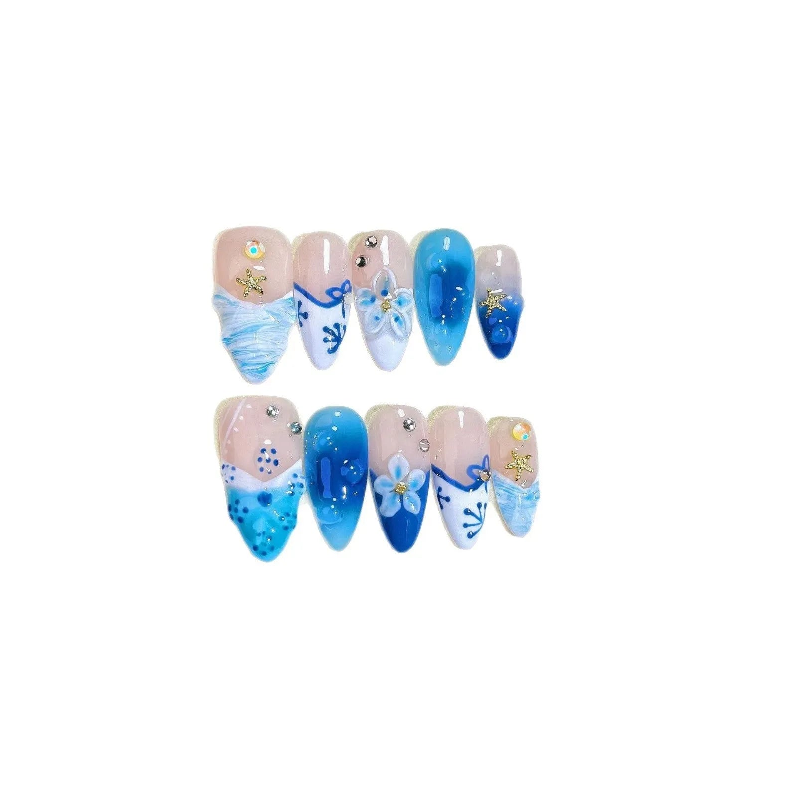 Blue hand-painted carved summer ice transparent plastic fake nails showing size range XS to L