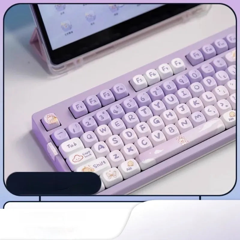 Set of gradient purple PBT keycaps with detailed rabbit character artwork for mechanical keyboards.