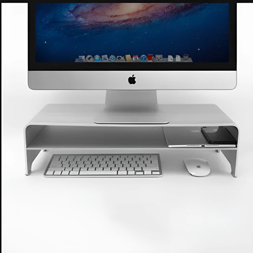 Silver aluminum alloy computer monitor riser stand with sandblasted finish on a desk