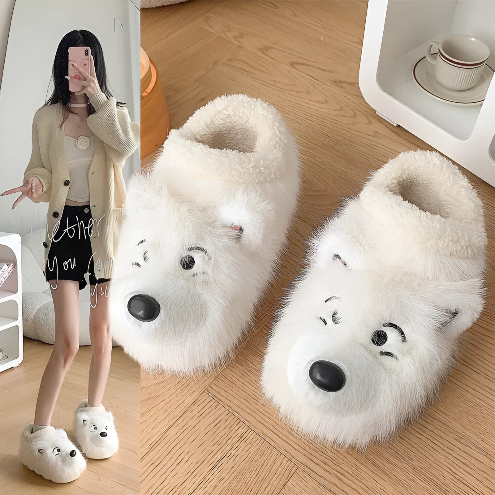 Grey and white ankle wrap cotton slippers with plush upper and artificial wool lining