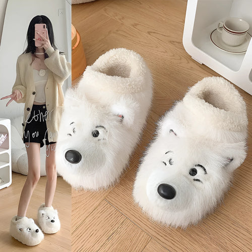 Grey and white ankle wrap cotton slippers with plush upper and artificial wool lining