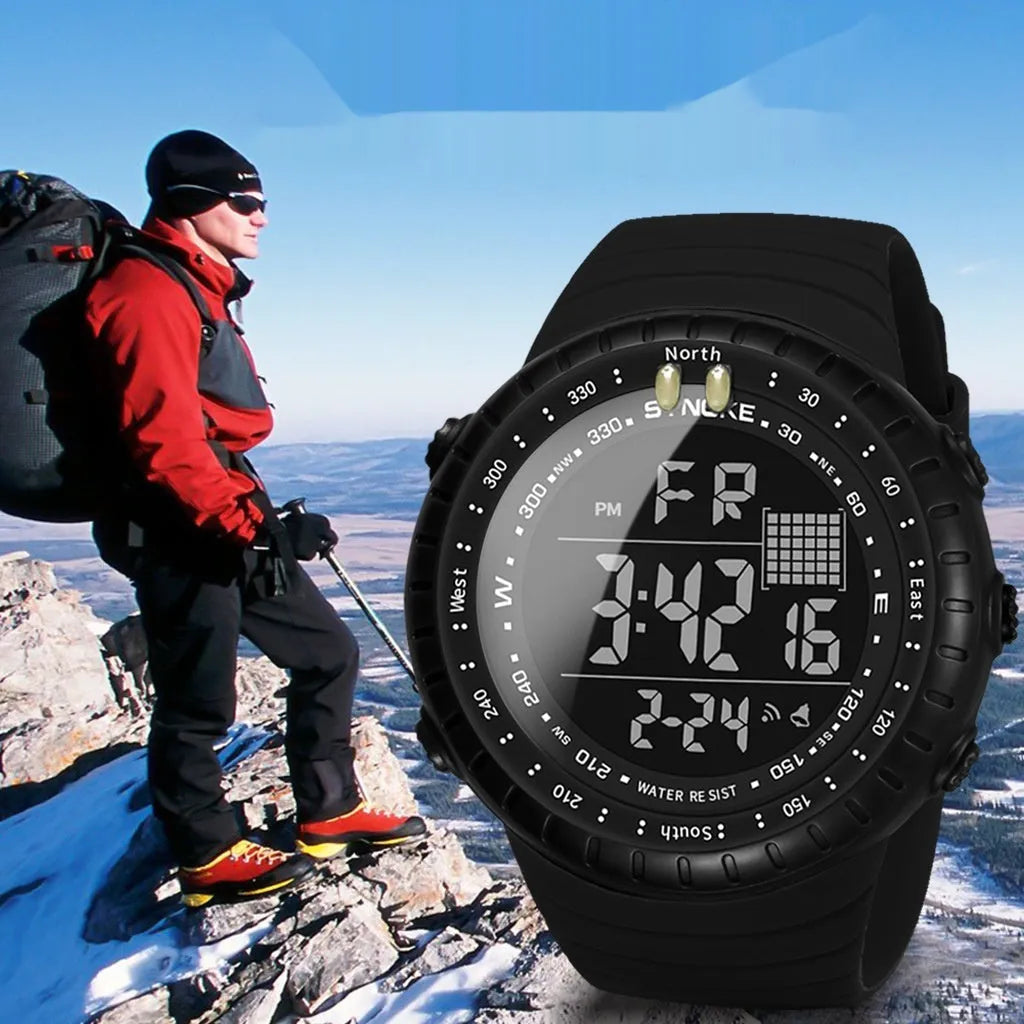 Black waterproof outdoor digital watch for men with large 54.74mm dial on a PU strap.