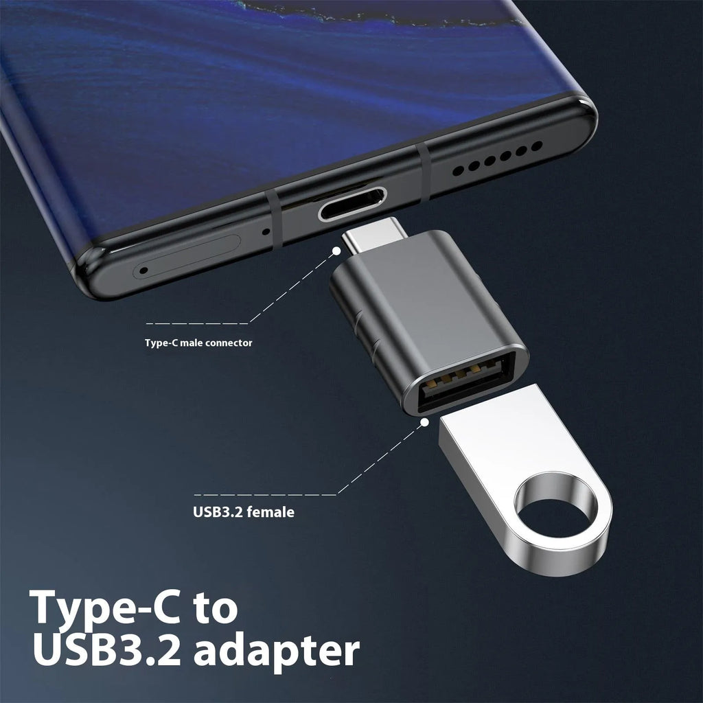 USB-C to USB-A adapter in metallic finish for data transfer and charging