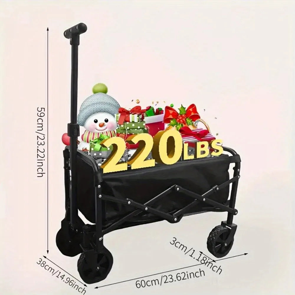 Heavy-duty metal foldable garden wagon cart with integrated storage box, shown collapsed and unfolded.