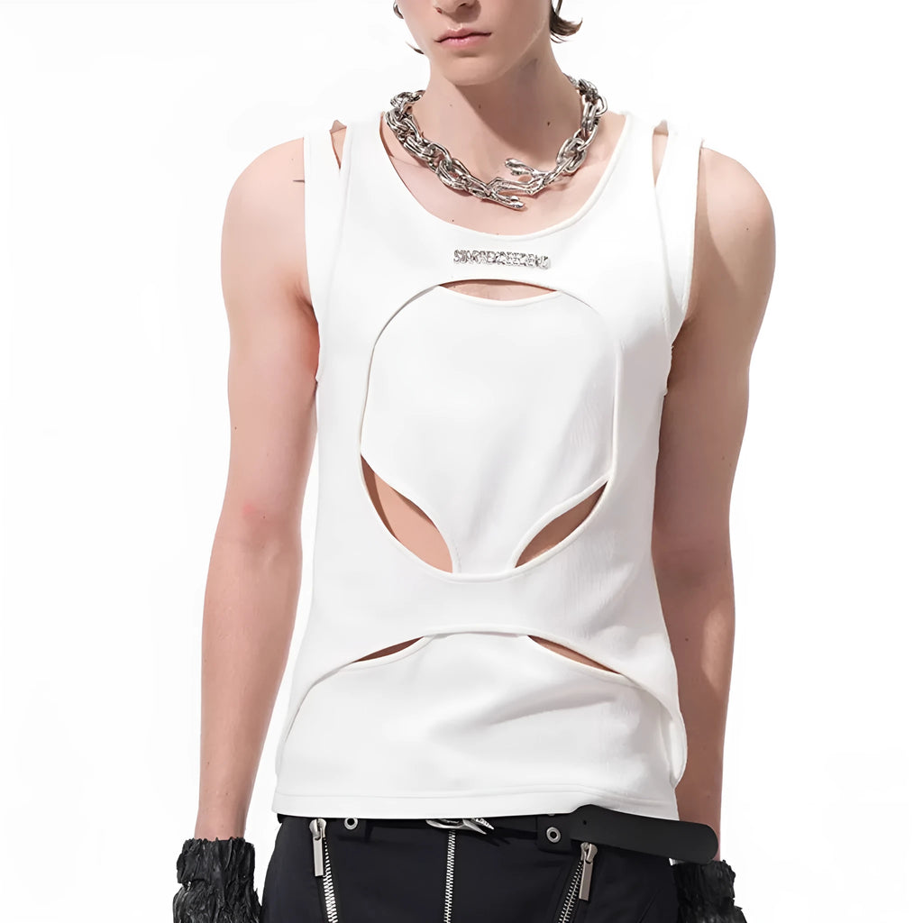 Men's black sleeveless waistcoat vest with white hollow thread stitching and a round neck, laid flat.