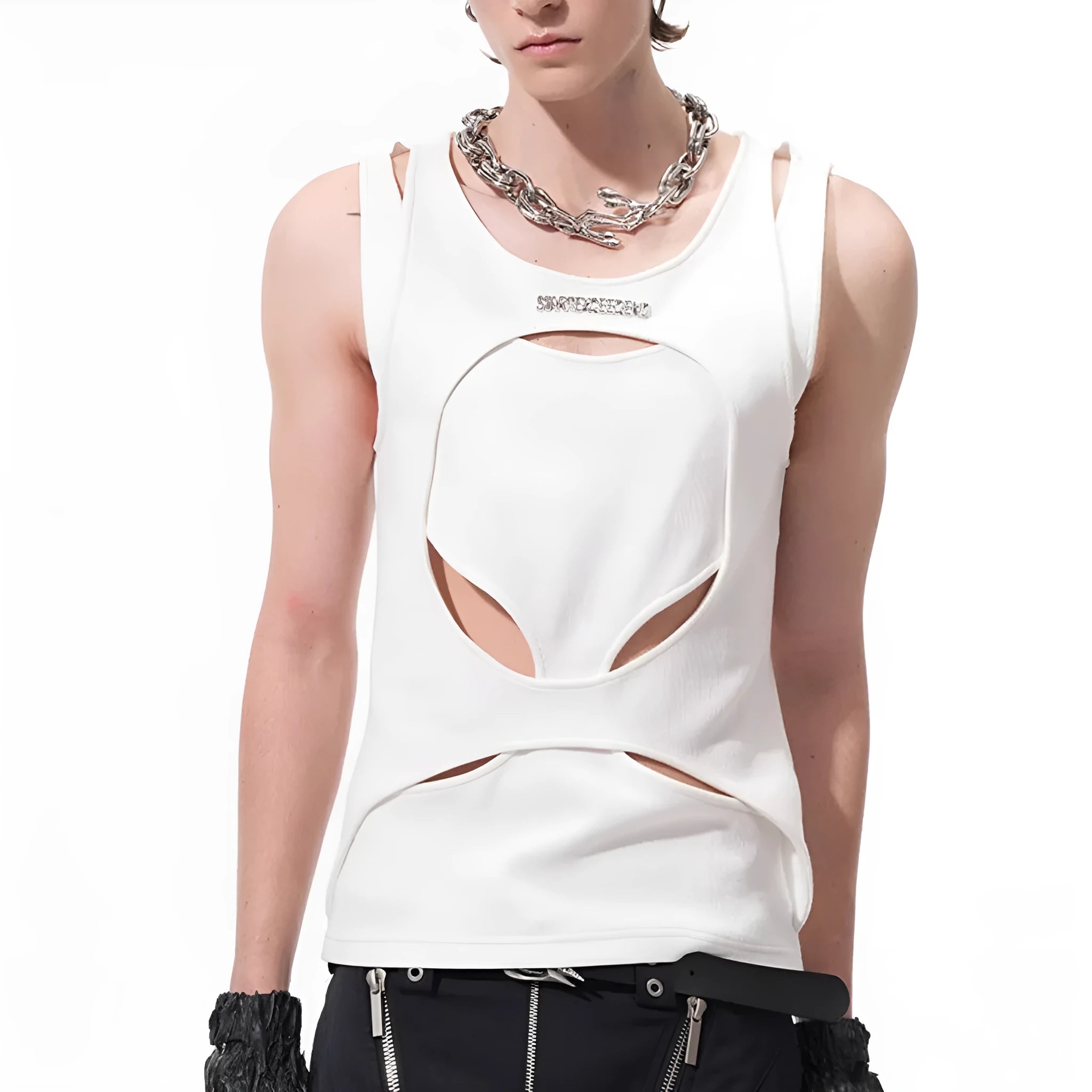 Men's black sleeveless waistcoat vest with white hollow thread stitching and a round neck, laid flat.