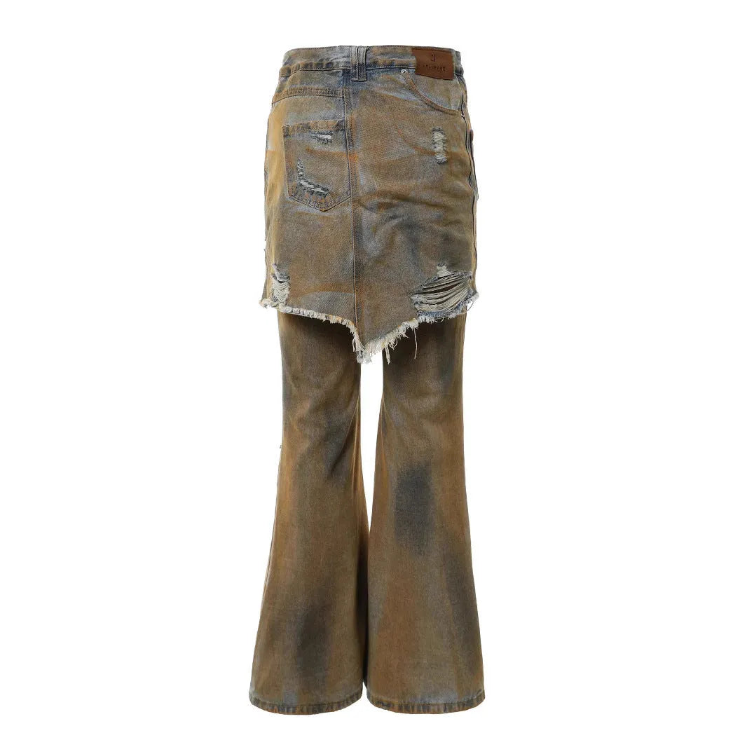 American Street loose hole bootcut trousers in denim, showing high waist, straight leg, and button fly detail.