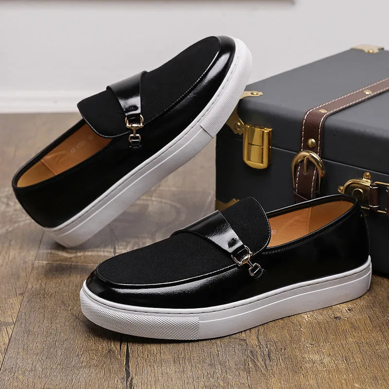 Men's black slip-on shoes with gold horsebit buckle and round toe stitching design