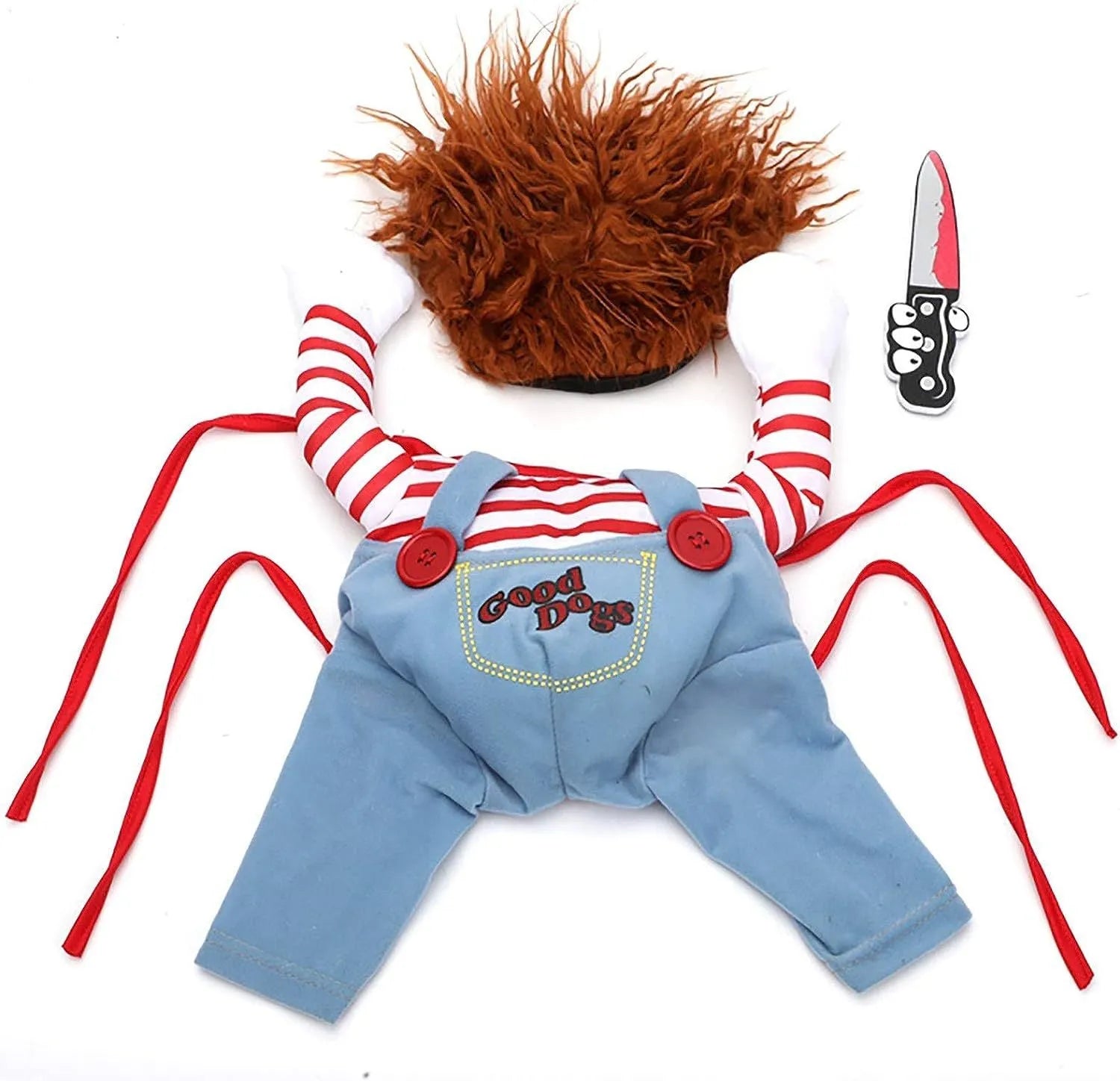 Striped Halloween harness pants costume set for dogs and cats with knife accessory in sizes S M L XL