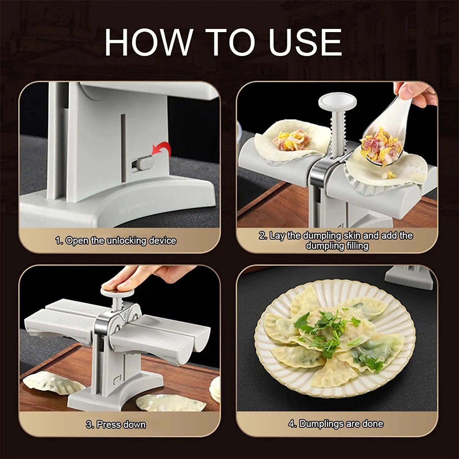 White double head dumpling mould manual press with anti-slip rubber base