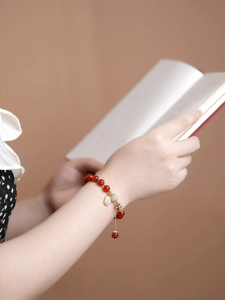 Women's red agate and Hetian jade beads bracelet with gold-plated setting in three style variations