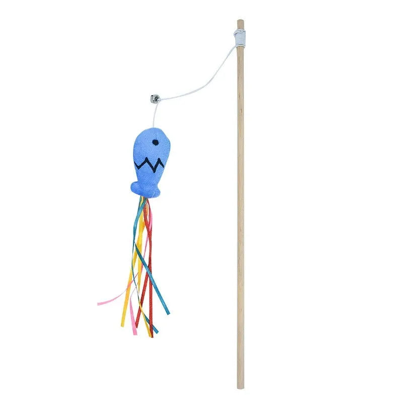 Wooden-handle cat wand toy with colourful ribbons, catnip fish, and bell for interactive indoor play