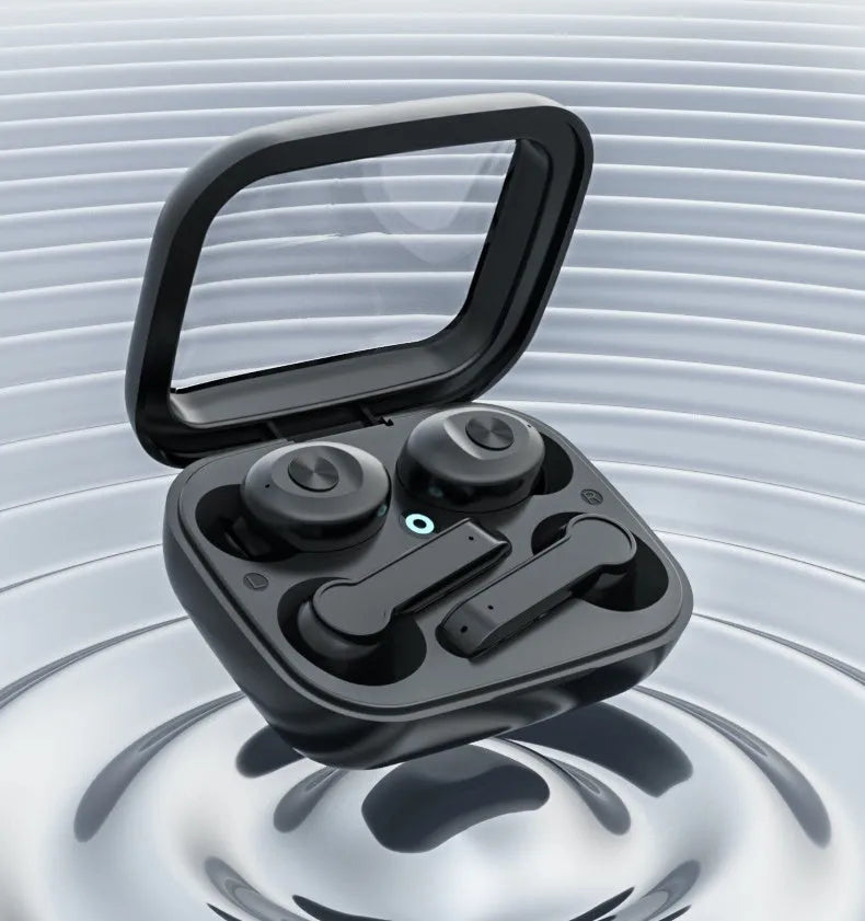 XG15 Bluetooth wireless dual headset in black with charging case and three ear cap sizes
