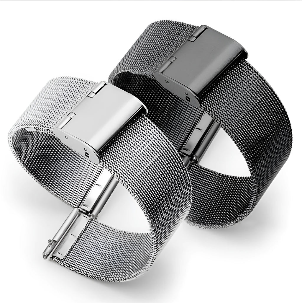 Milani stainless steel and woven silk watch band in silver, shown detached from a watch.