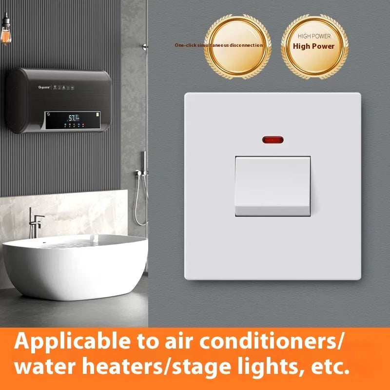 Gold coloured high-current double-break wall switch with illuminated light panel.