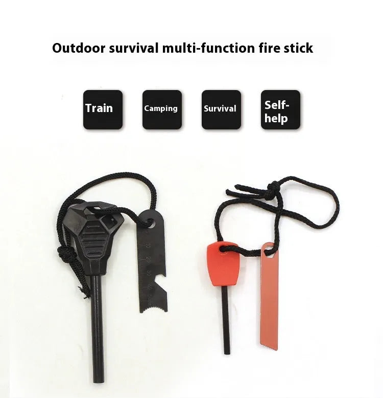 Black outdoor survival flint tool with magnesium rod and stainless steel scraper