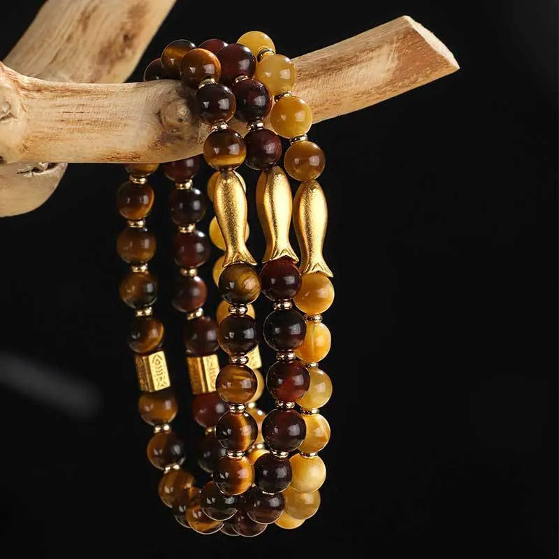 Handmade small fish beaded bracelet in natural tiger eye gemstones for women