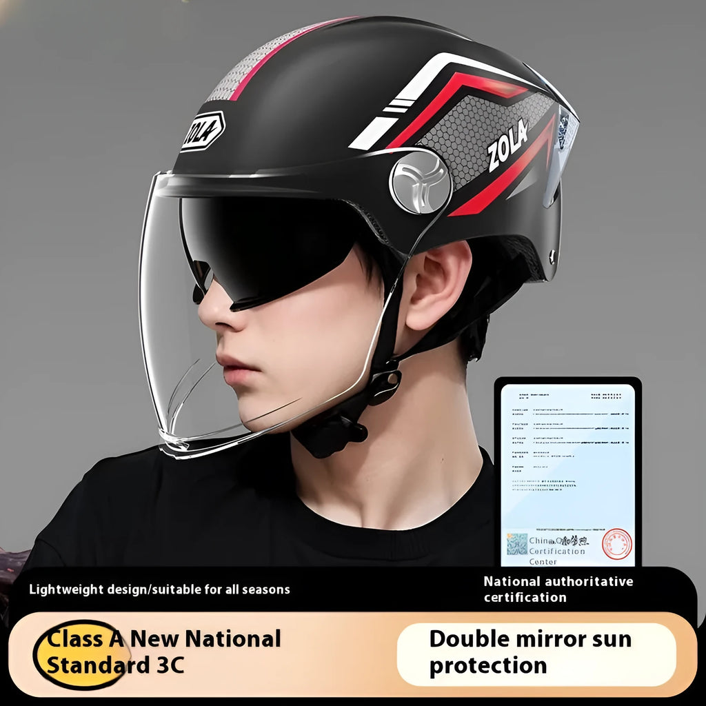 3C-certified motorcycle half helmet with clear and tinted dual visors on an ABS shell in khaki brown colour.