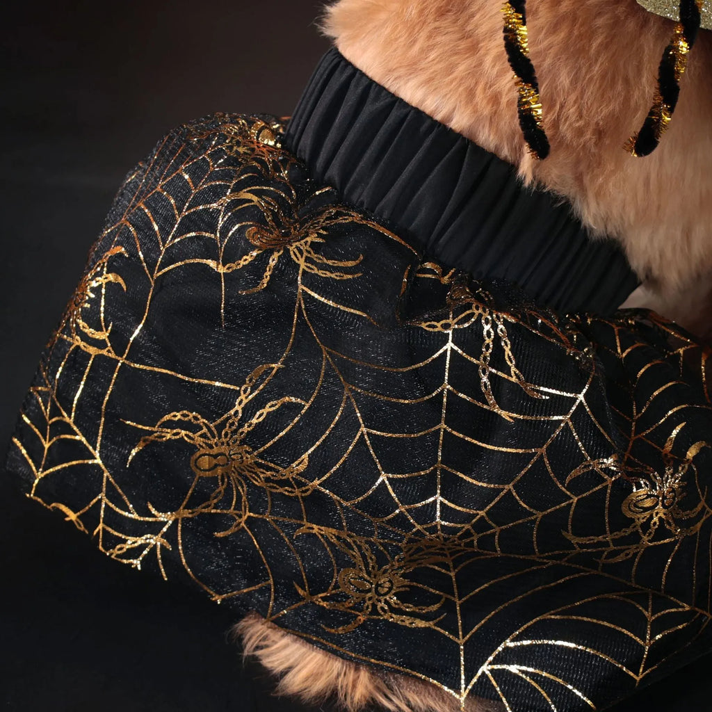 A dog wearing a Halloween suit costume in a single colour, showing the full one-piece polyester outfit.