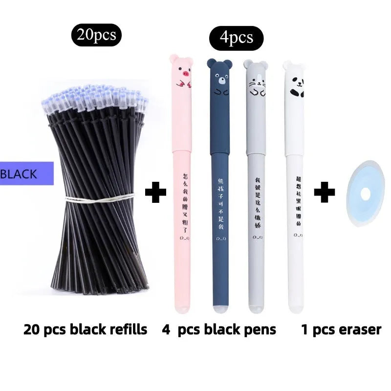 0.5mm erasable pen set with needle tip, refills and caps in black, blue and red colours
