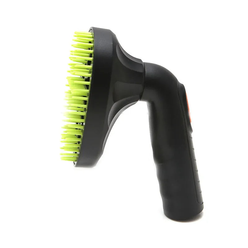 Pet grooming brush vacuum attachment with 32mm diameter, TPE bristles, ABS handle, and 360-degree rotatable head in green and black