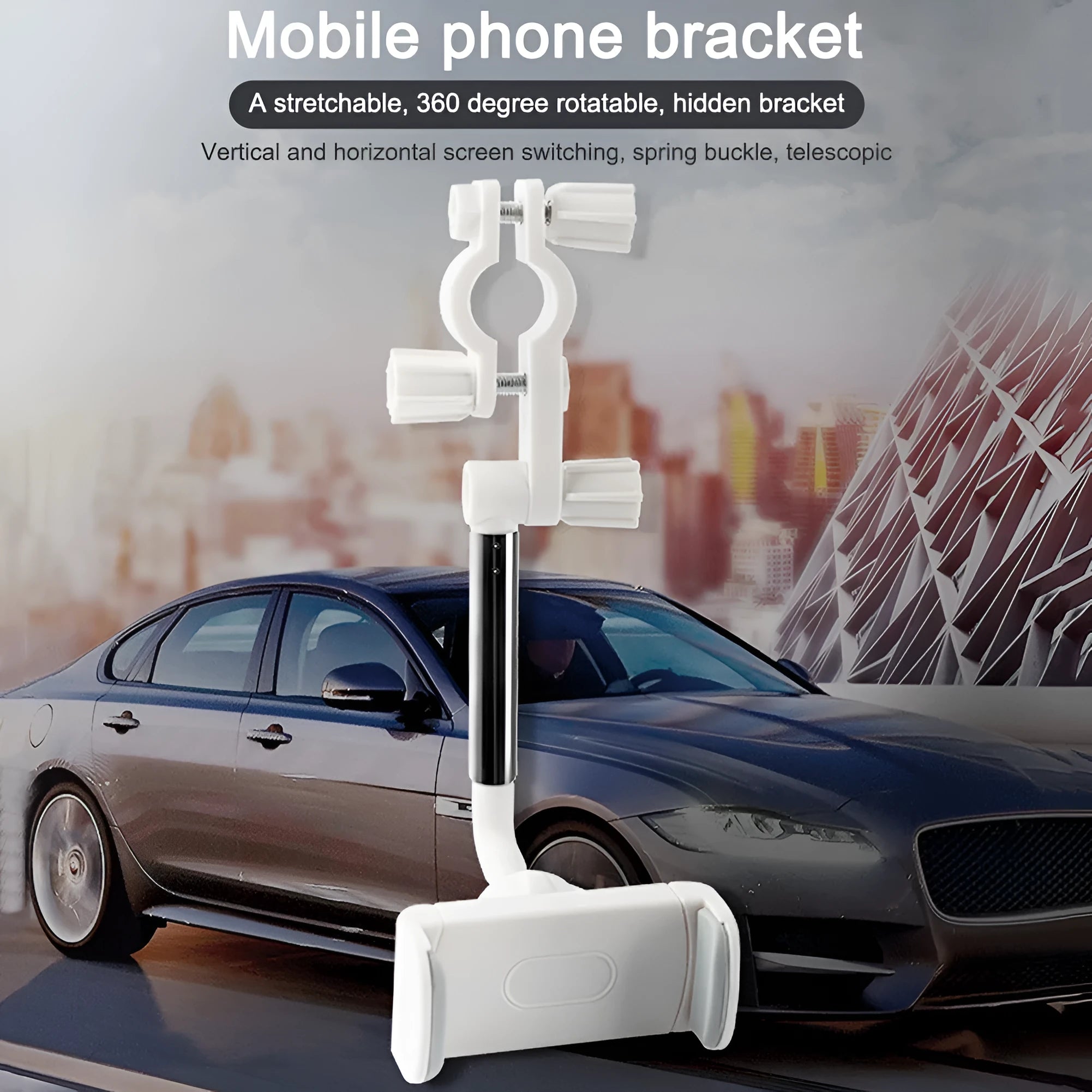 Black car mobile phone holder with adjustable rotation on dashboard