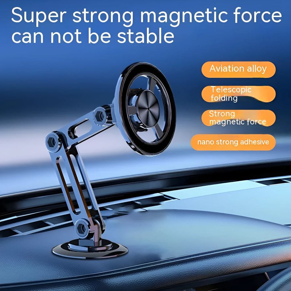 All-metal magnetic car phone holder in black, silver, gold, or rose gold with magnetic rings and adhesive pads