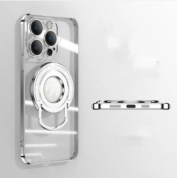 Transparent magnetic iPhone case with invisible pull-out stand in dark purple colour
