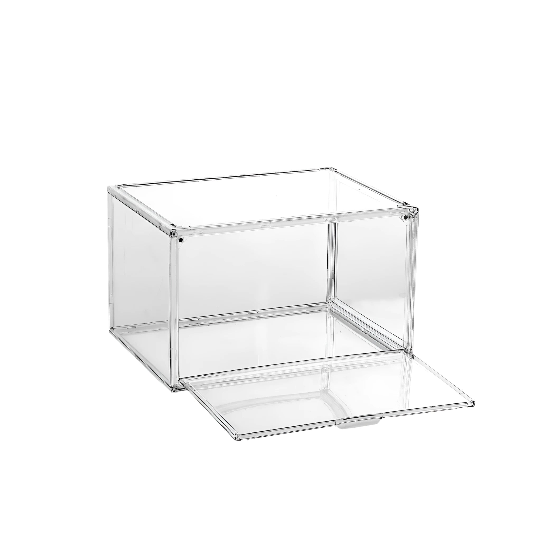 Large transparent acrylic shoe storage box with a magnetic side door open, showing interior space.